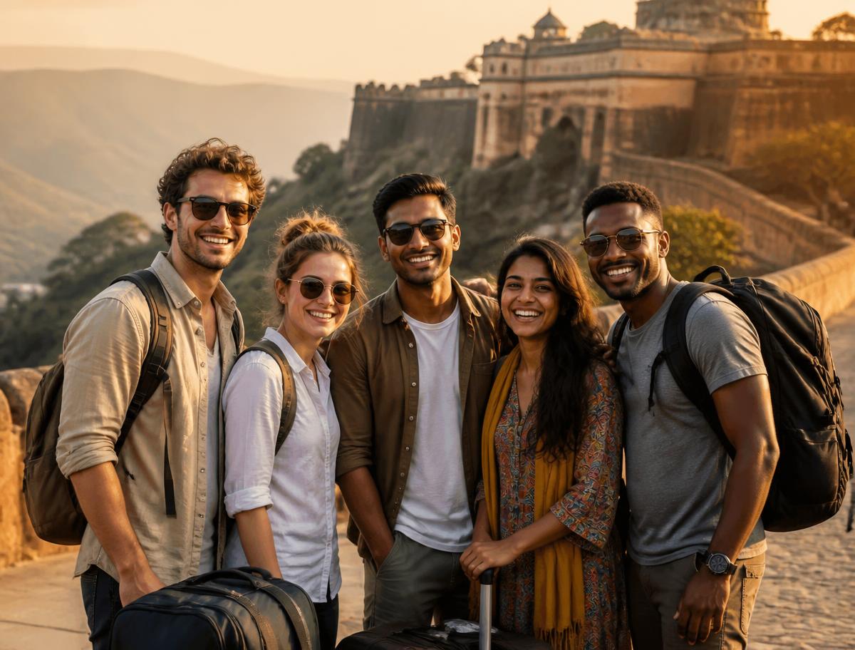 Group of travellers exploring a historic fort together with Pause & Roam