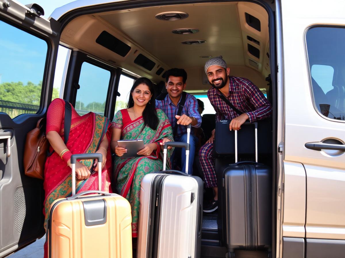 Travellers boarding a tempo traveller arranged by Pause & Roam