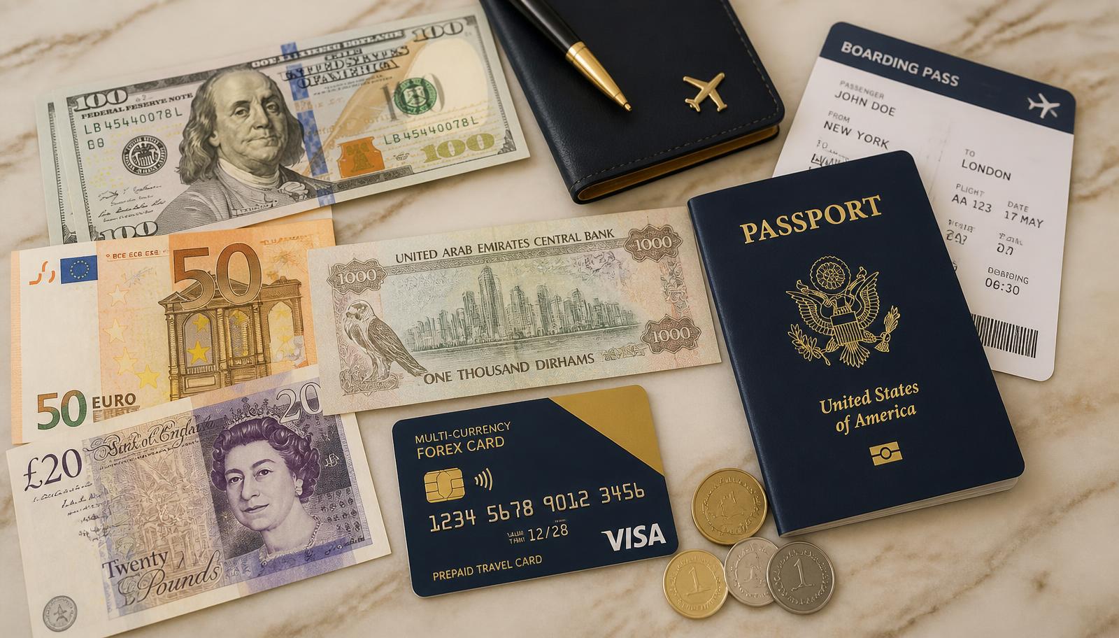 Foreign currency notes, a prepaid forex card, passport and boarding pass
