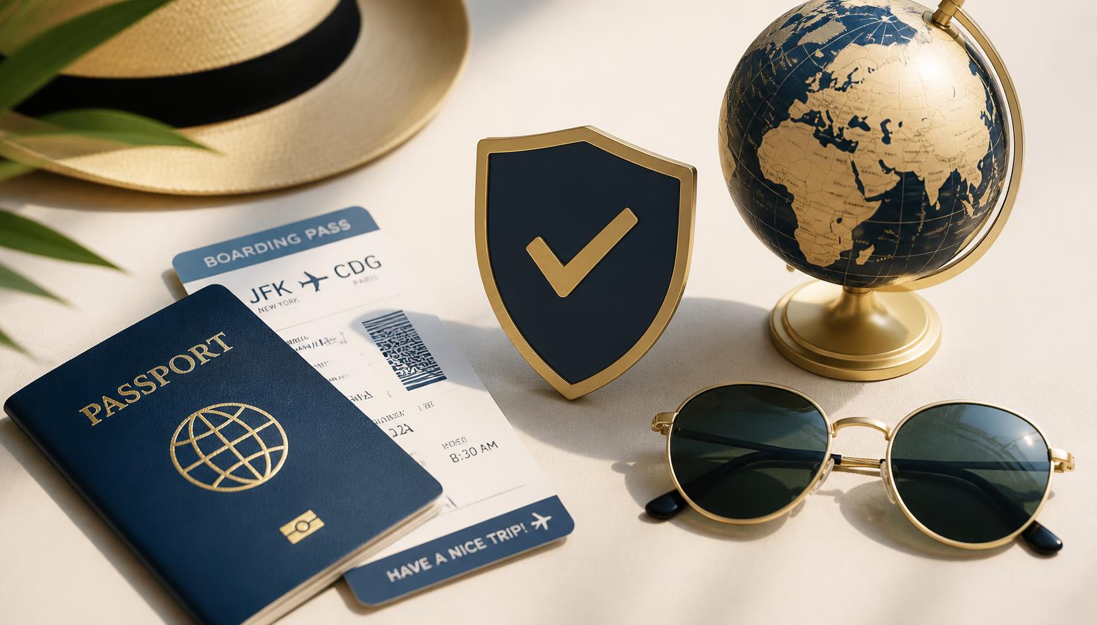 Passport, boarding pass and a protection shield representing travel insurance
